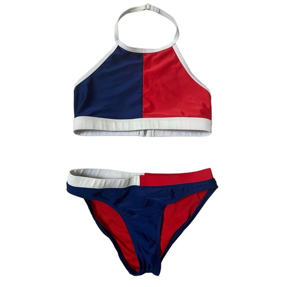 Tommy Hilfiger Girls‎ Two Piece Bikini Swimsuit Red Blue USA Vintage Size 8 - Picture 1 of 6